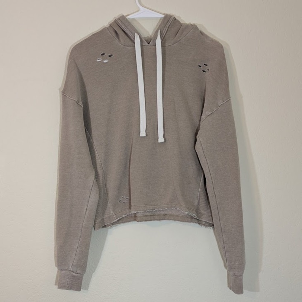Colsie Soft Neutral Beige Hoodie XS Distressed Cropped Loungewear Sweatshirt
